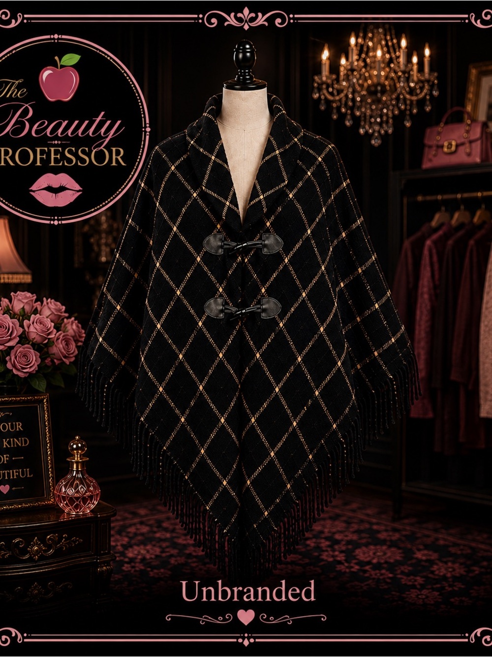 💞 Unbranded One Size Black Beige Plaid Poncho Cape Toggle Fringe